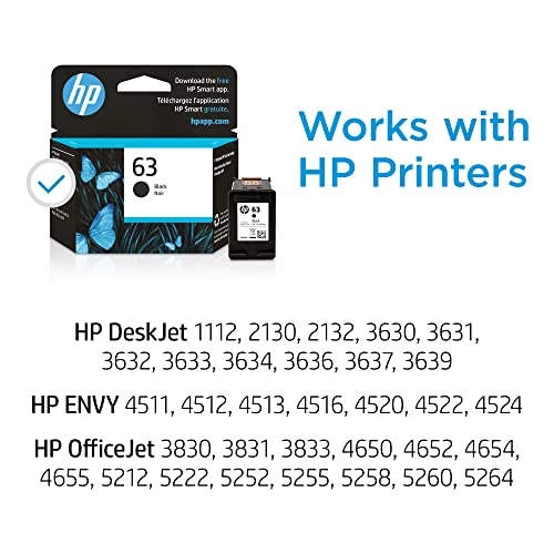 HP 63 Black Ink Cartridge | Works with HP DeskJet 1112, 2130, 3630 Series; HP ENVY 4510, 4520 Series; HP OfficeJet 3830, 4650, 5200 Series | Eligible for Instant Ink | F6U62AN-UPStoxs