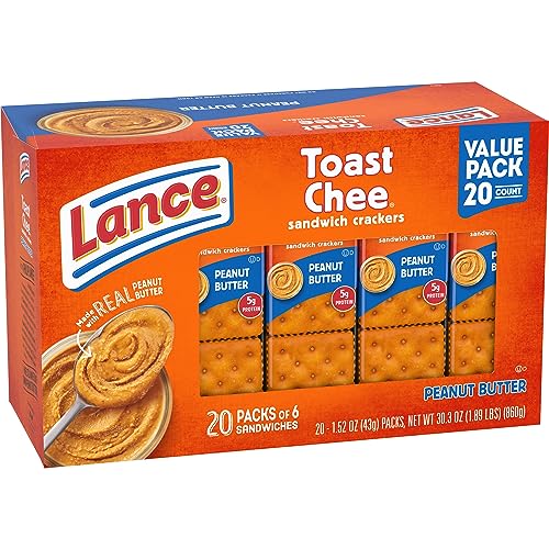 Lance Sandwich Crackers, ToastChee Peanut Butter, 20 Individually Wrapped Packs, 6 Sandwiches Each-UPStoxs