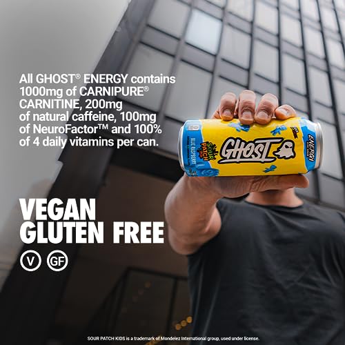 GHOST Energy Drink - 12-Pack, Sour Patch Kids Blue Raspberry, 16oz - Energy & Focus & No Artificial Colors - 200mg Natural Caffeine, L-Carnitine & Taurine - Gluten-Free & Vegan-UPStoxs