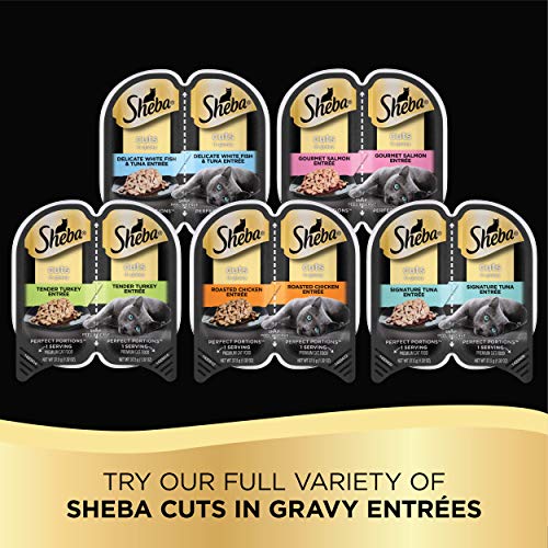 SHEBA Perfect Portions Cuts in Gravy Wet Cat Food Trays, Roasted Chicken, Gourmet Salmon and Tender Turkey Entrée Variety Pack, Easy Peel Twin-Pack Trays, 1.32 Ounce (Pack of 48)-UPStoxs