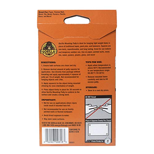 Gorilla Mounting Putty, Non-Toxic Hanging Adhesive, Removeable & Repositionable, 84 Pre-Cut Squares, 3pk - 2oz/56g, Natural Tan Color, (Pack of 3)-UPStoxs