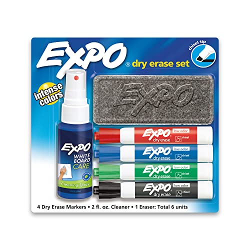 EXPO Low Odor Dry Erase Marker Set with White Board Eraser and Cleaner, Chisel Tip Dry Erase Markers, Assorted Colors, 6 Piece Set with Whiteboard Cleaner-UPStoxs
