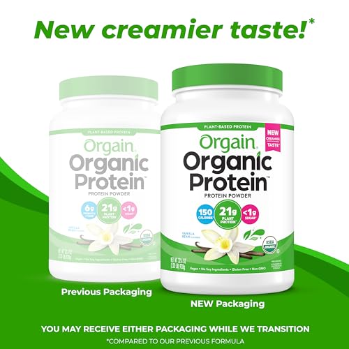 Orgain Organic Vegan Protein Powder, Vanilla Bean - 21g Plant Protein, 6g Prebiotic Fiber, No Lactose Ingredients, No Added Sugar, Non-GMO, For Shakes & Smoothies, 2.03 lb (Packaging May Vary)-UPStoxs