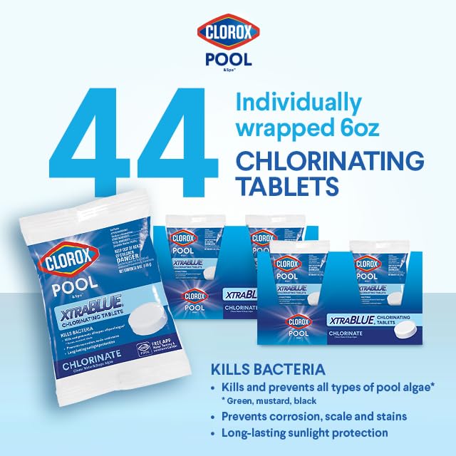 Clorox® Pool&Spa™ XtraBlue 3” Swimming Pool Chlorinating Tablets, 44 Individually Wrapped Tablets, Kills Bacteria & Stops Algae (16.5 LB)-UPStoxs