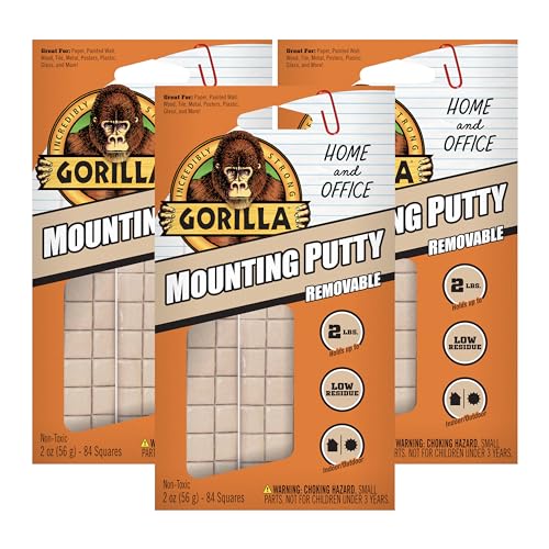 Gorilla Mounting Putty, Non-Toxic Hanging Adhesive, Removeable & Repositionable, 84 Pre-Cut Squares, 3pk - 2oz/56g, Natural Tan Color, (Pack of 3)-UPStoxs