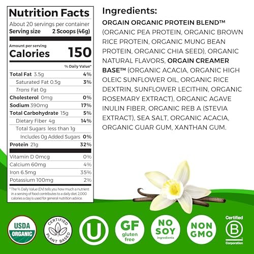 Orgain Organic Vegan Protein Powder, Vanilla Bean - 21g Plant Protein, 6g Prebiotic Fiber, No Lactose Ingredients, No Added Sugar, Non-GMO, For Shakes & Smoothies, 2.03 lb (Packaging May Vary)-UPStoxs