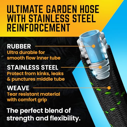 PowerFlow Garden Hose, NON-EXPANDABLE 25 Feet Premium Quality Stainless Steel Metal Water Hose with Durable Fabric Skin, Hose For Commercial, Residential Use, Bonus 10-way Spray Nozzle (25 Ft, Black)-UPStoxs