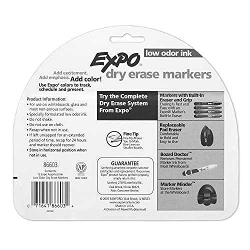 EXPO Low Odor Dry Erase Markers, Fine Tip, Assorted Colors, 12 Count-UPStoxs