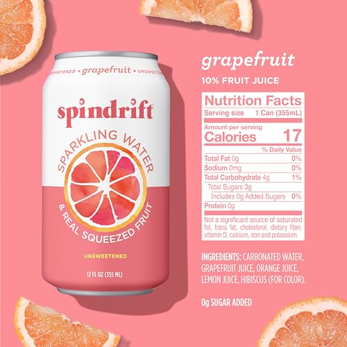 Spindrift Sparkling Water, Grapefruit Flavored, Made with Real Squeezed Fruit, (Only 15 Calories per Can), 12 Fl Oz (Pack of 24)-UPStoxs