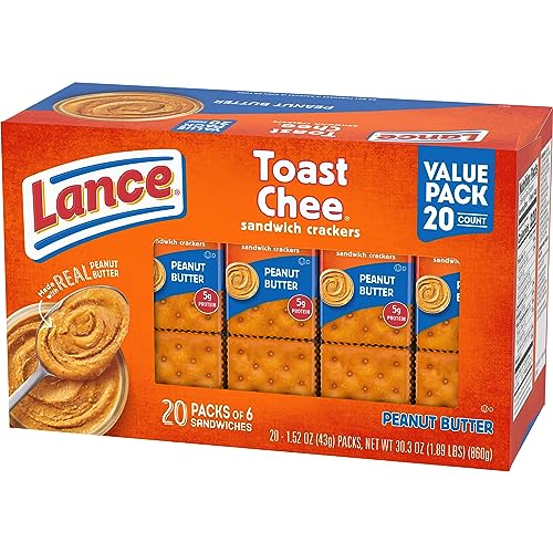 Lance Sandwich Crackers, ToastChee Peanut Butter, 20 Individually Wrapped Packs, 6 Sandwiches Each-UPStoxs