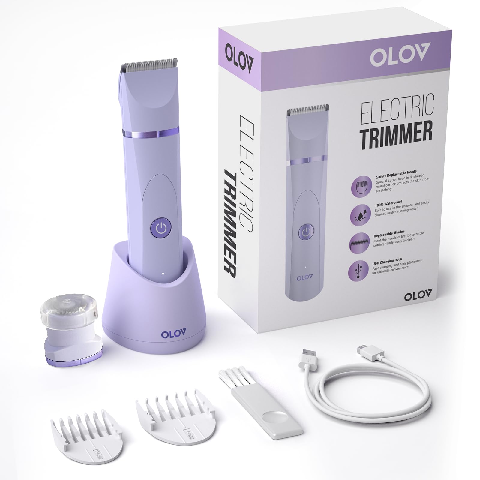 OLOV Bikini Trimmer for Women - Wet/Dry Electric Body Shaver Groomer, Replaceable Ceramic Blade Heads, Face Hair Remover Head & USB Recharge Dock, Waterproof Hygiene Razor, Purple-UPStoxs
