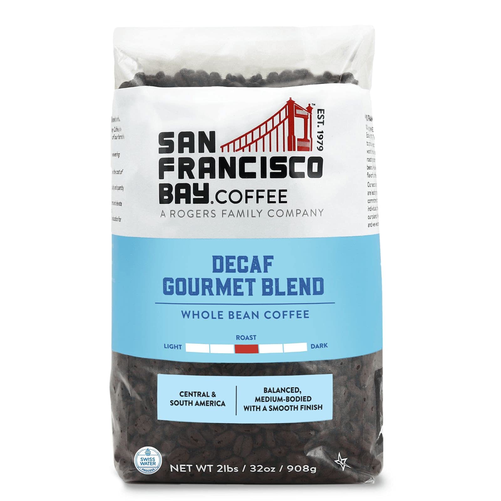 San Francisco Bay Whole Bean Coffee - DECAF Gourmet Blend (2lb Bag), Medium Roast, Swiss Water Processed-UPStoxs