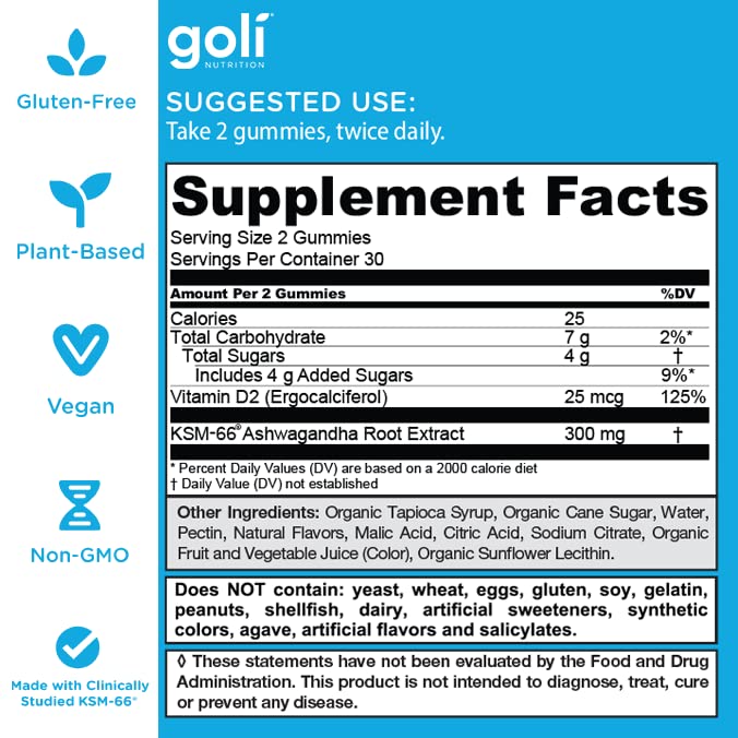 Goli Ashwagandha & Vitamin D Gummy - 60 Count - Mixed Berry, KSM-66, Vegan, Plant Based, Non-GMO, Gluten-Free & Gelatin Free Relax. Restore. Unwind, Pack of 1-UPStoxs