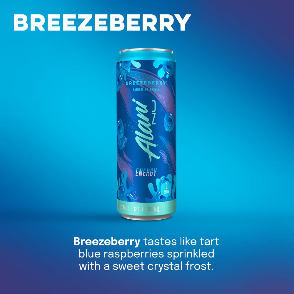Alani Nu BREEZEBERRY Sugar Free, Low Calorie Energy Drinks | 200mg Caffeine | Pre Workout Performance with Antioxidants | Biotin B Vitamins | Zero Sugar | 10 Calories | 12 Fl Oz Cans (12 Pack)-UPStoxs
