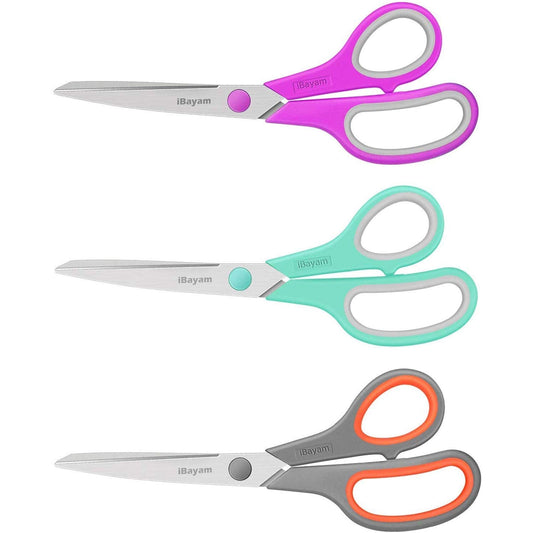 Scissors, iBayam 8" All Purpose Scissors Bulk 3-Pack, Ultra Sharp 2.5mm Thick Blade Shears Comfort-Grip Scissors for Office Desk Accessories Sewing Fabric Home Craft School Supplies, Right/Left Handed-UPStoxs