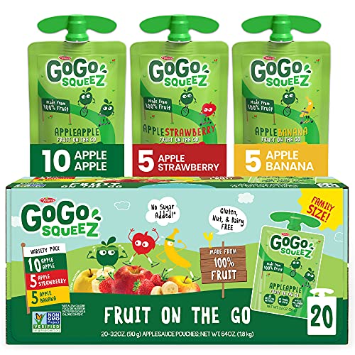 GoGo squeeZ Fruit on the Go Variety Pack, Apple, Banana & Strawberry, 3.2 oz (Pack of 20), Unsweetened Snacks for Kids, Gluten Free, Nut and Dairy Free, Recloseable Cap, BPA Free Pouches-UPStoxs