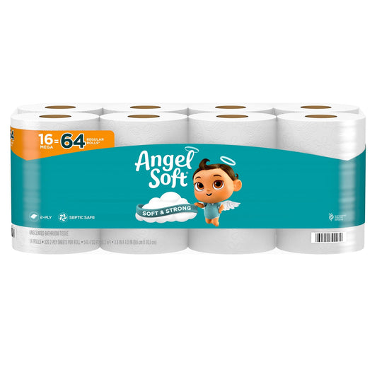 Angel Soft Toilet Paper, 16 Mega Rolls = 64 Regular Rolls, Soft and Strong Toilet Tissue-UPStoxs