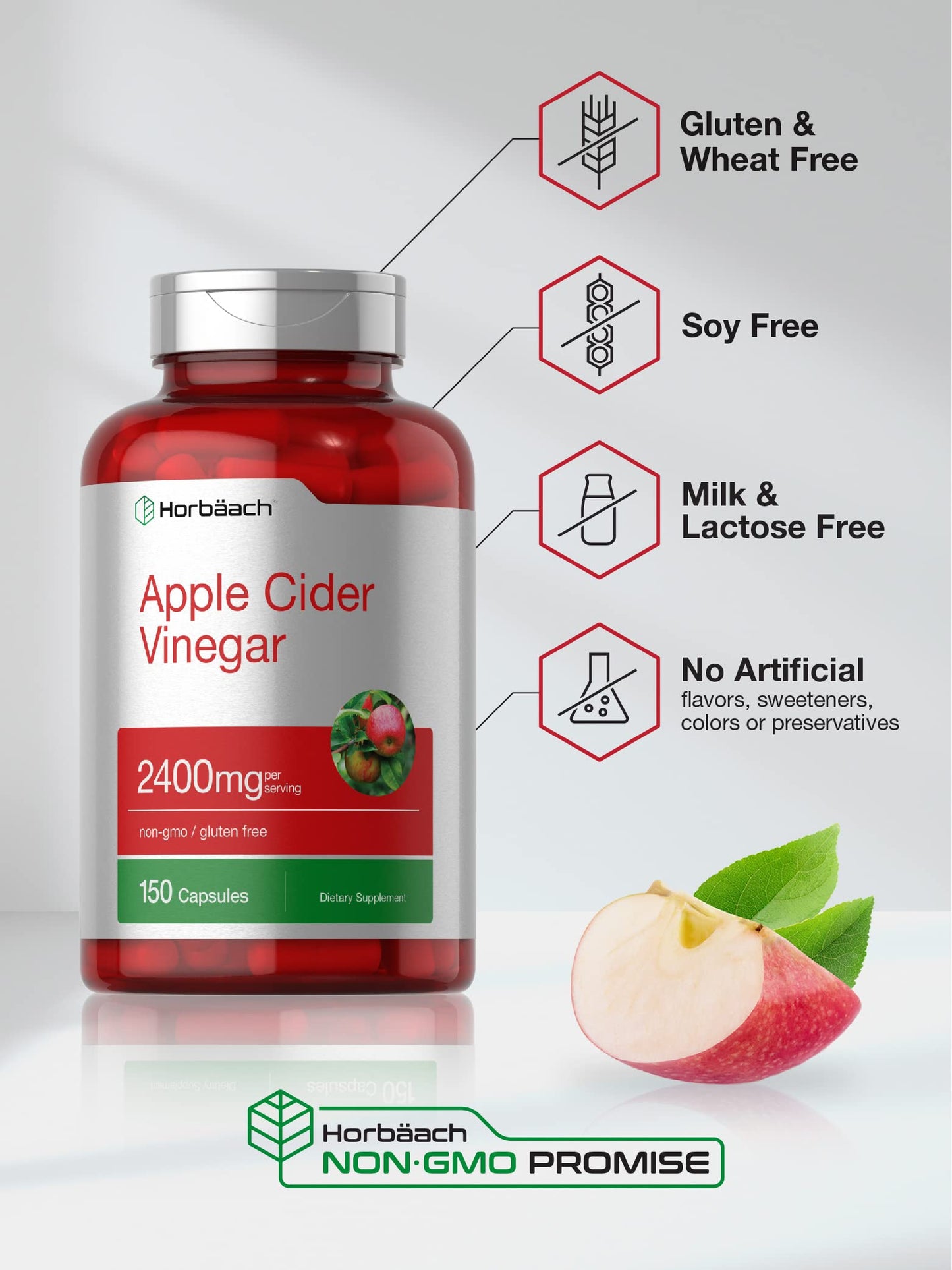 Horbäach Apple Cider Vinegar Capsules | 2400mg | 150 Count | Non-GMO, Gluten Free Supplement-UPStoxs