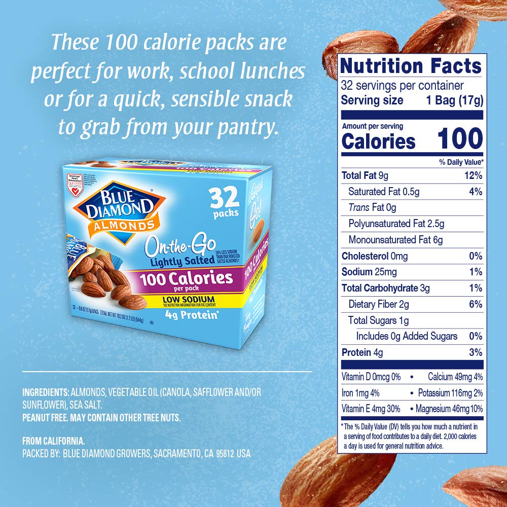 Blue Diamond Almonds Low Sodium Lightly Salted Snack Nuts, 100 Calorie Packs, 0.6 Ounce (Pack of 32)-UPStoxs