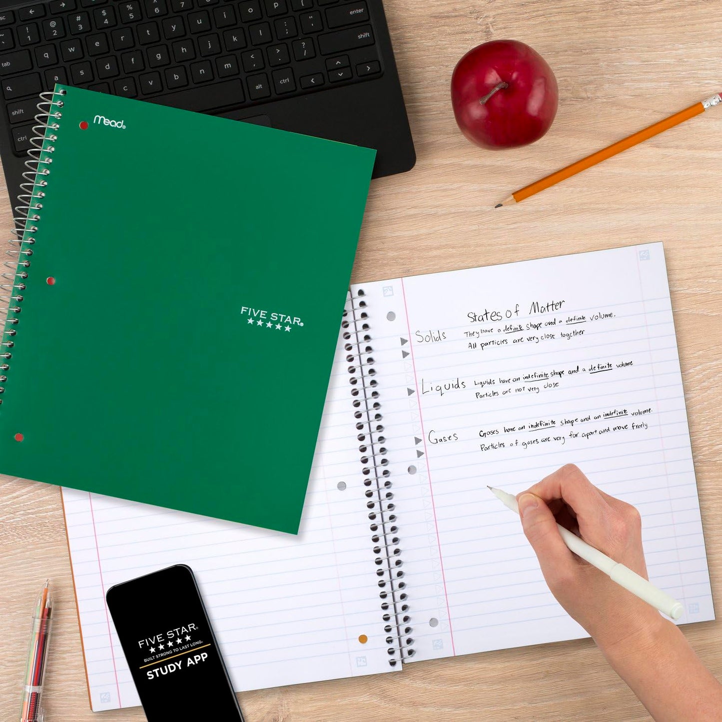 Five Star Spiral Notebook + Study App, 3 Subject, Wide Ruled Paper, 150 Sheets, 10-1/2" x 8" Sheet Size, Forest Green (73176)-UPStoxs