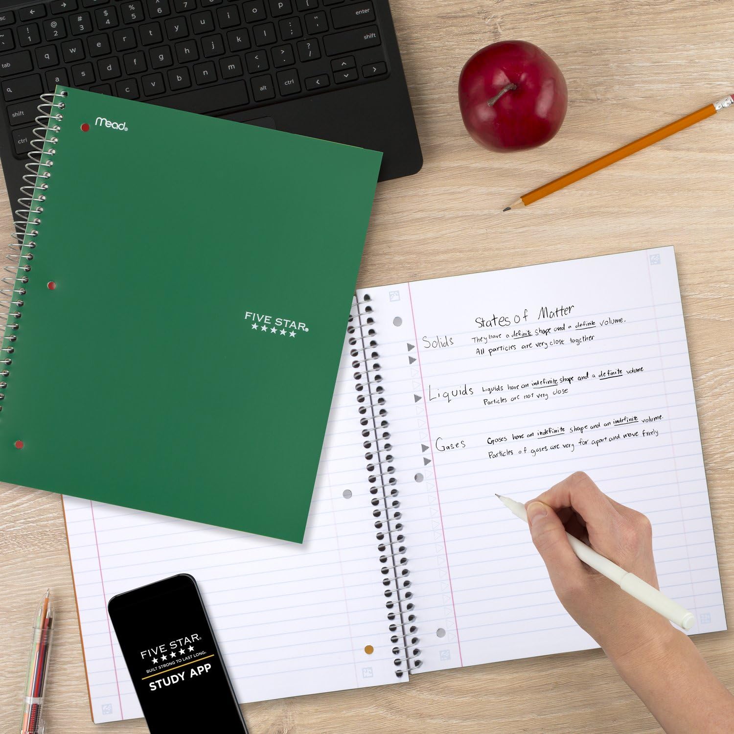 Five Star Spiral Notebook + Study App, 3 Subject, Wide Ruled Paper, 150 Sheets, 10-1/2" x 8" Sheet Size, Forest Green (73176)-UPStoxs