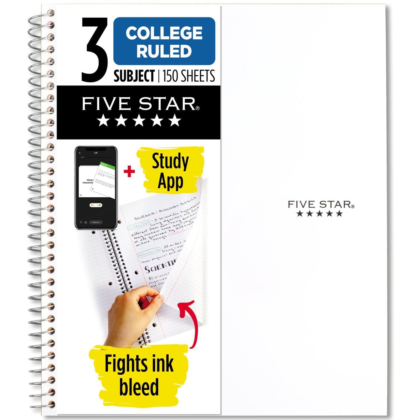 Five Star Spiral Notebook + Study App, 3 Subject, College Ruled Paper, Fights Ink Bleed, Water Resistant Cover, 8-1/2" x 11", 150 Sheets, White (72464)-UPStoxs