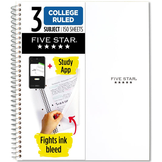 Five Star Spiral Notebook + Study App, 3 Subject, College Ruled Paper, Fights Ink Bleed, Water Resistant Cover, 8-1/2" x 11", 150 Sheets, White (72464)-UPStoxs