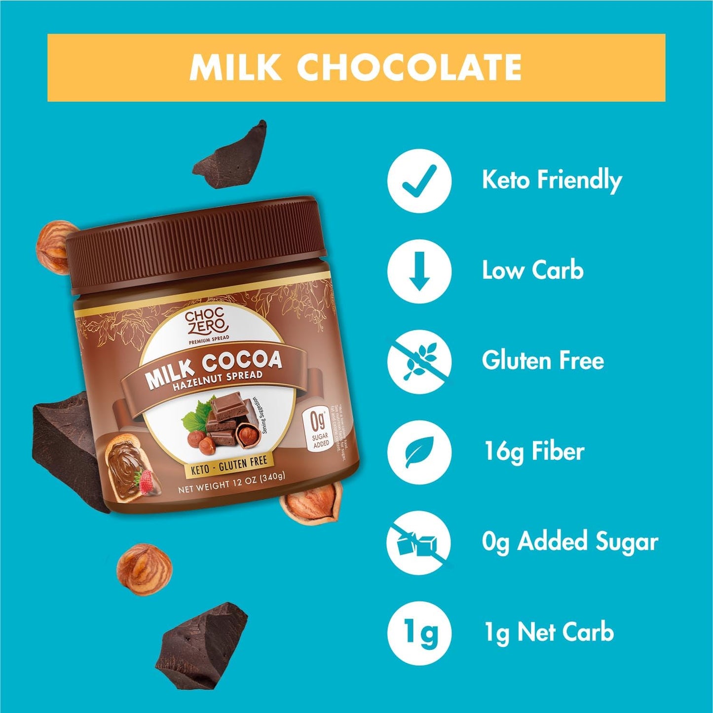ChocZero Milk Chocolate Hazelnut Spread - Keto Friendly, No Sugar Added, Best Low Carb Dessert, Perfect Topping for Almond Flour Pancakes, Naturally Sweetened with Monk Fruit (1 jar, 12 oz)-UPStoxs