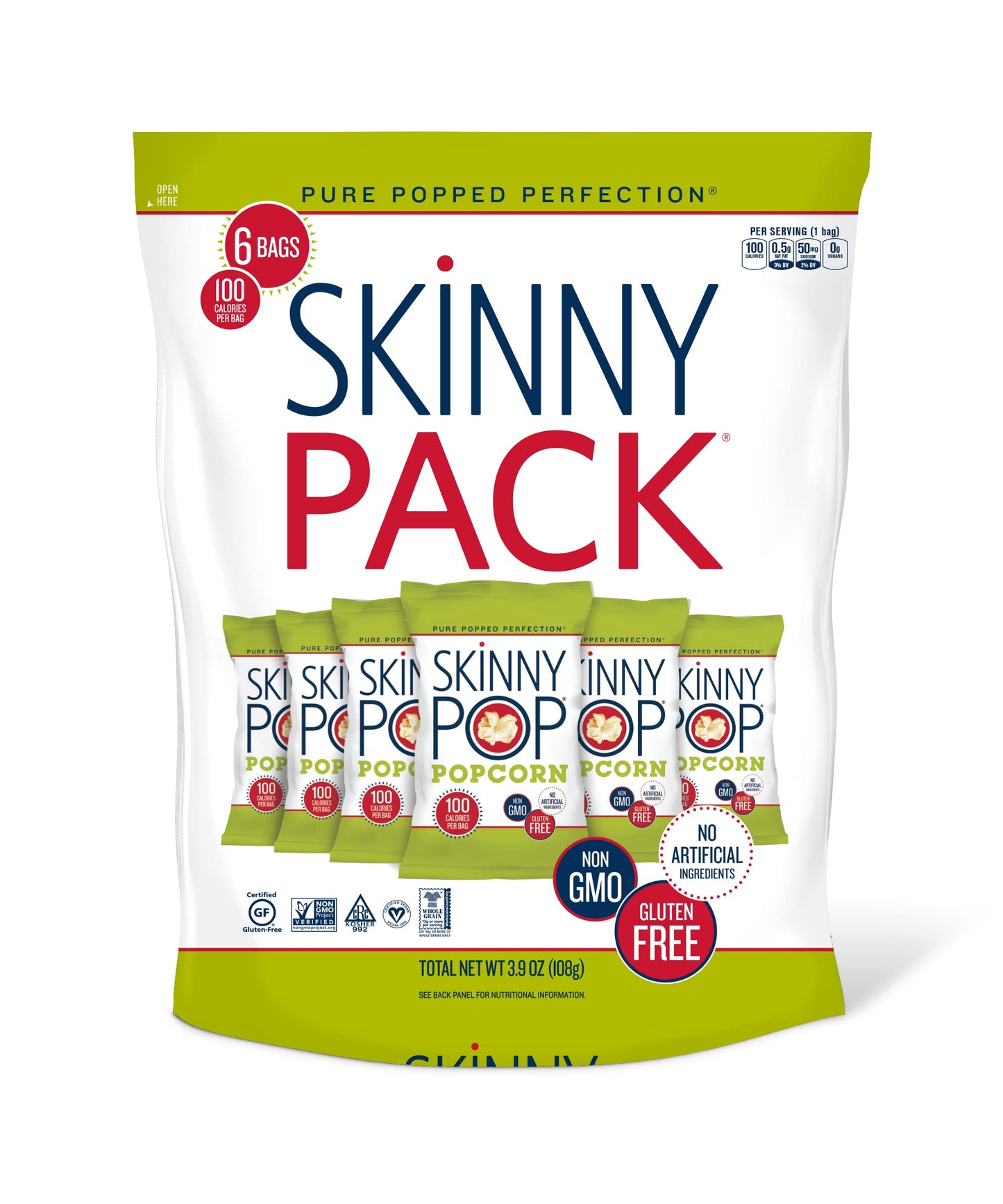 SkinnyPop Popcorn, Gluten Free, Dairy Free, Non-GMO, Healthy Snacks, Skinny Pop Original Popcorn Snack Packs, 0.65oz Individual Size Snack Bags (6 Count) (Packaging May Vary)-UPStoxs