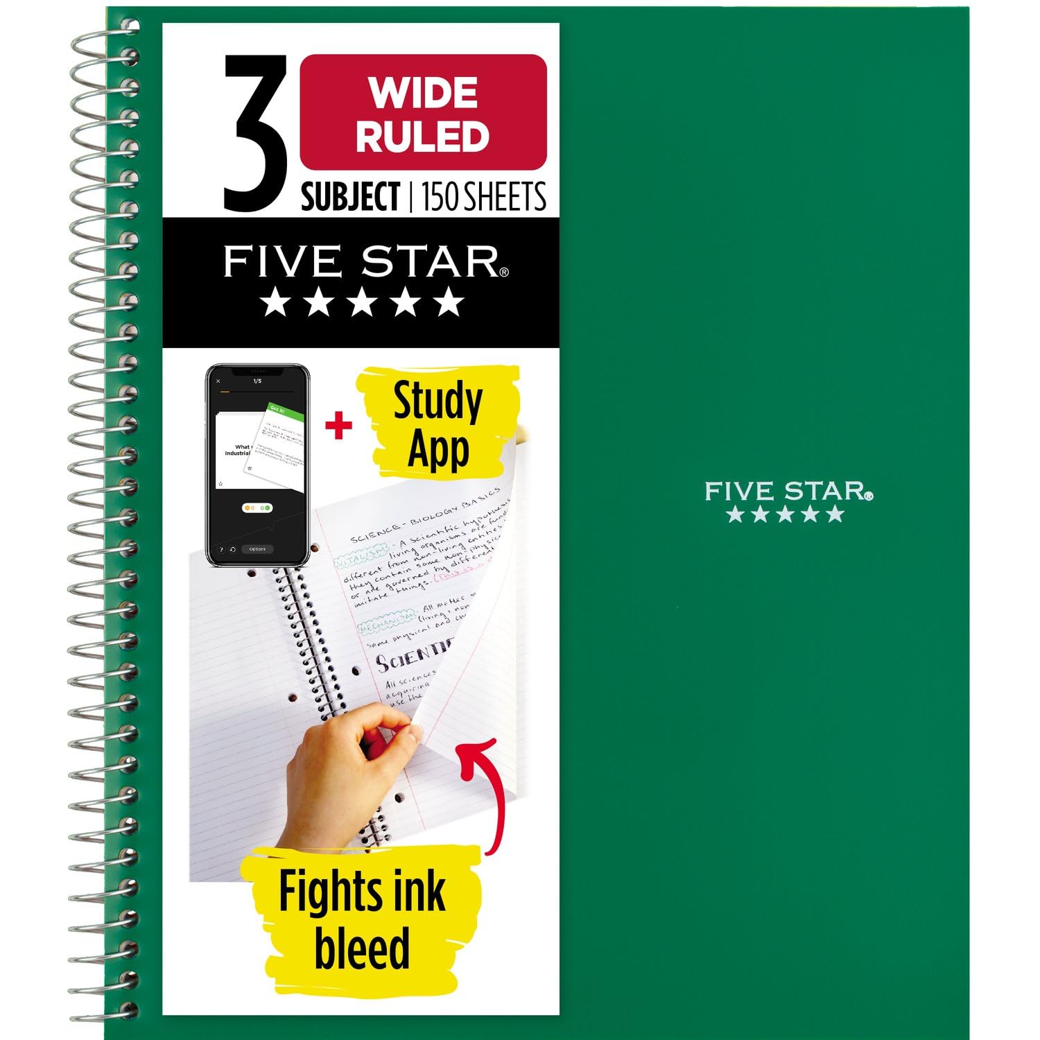 Five Star Spiral Notebook + Study App, 3 Subject, Wide Ruled Paper, 150 Sheets, 10-1/2" x 8" Sheet Size, Forest Green (73176)-UPStoxs