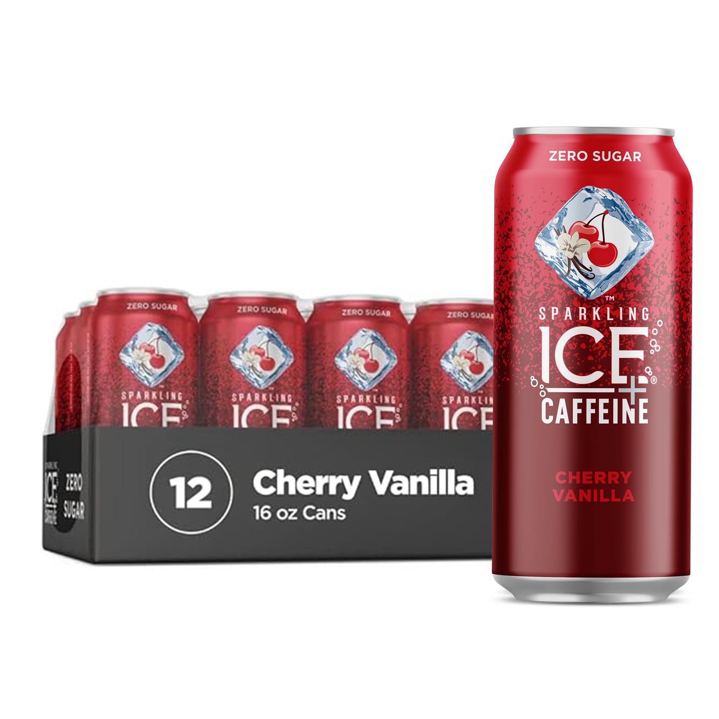 Sparkling Ice +Caffeine Cherry Vanilla Sparkling Water with Caffeine, Zero Sugar, with Antioxidants and Vitamins,16 fl oz Cans (Pack Of 12)-UPStoxs