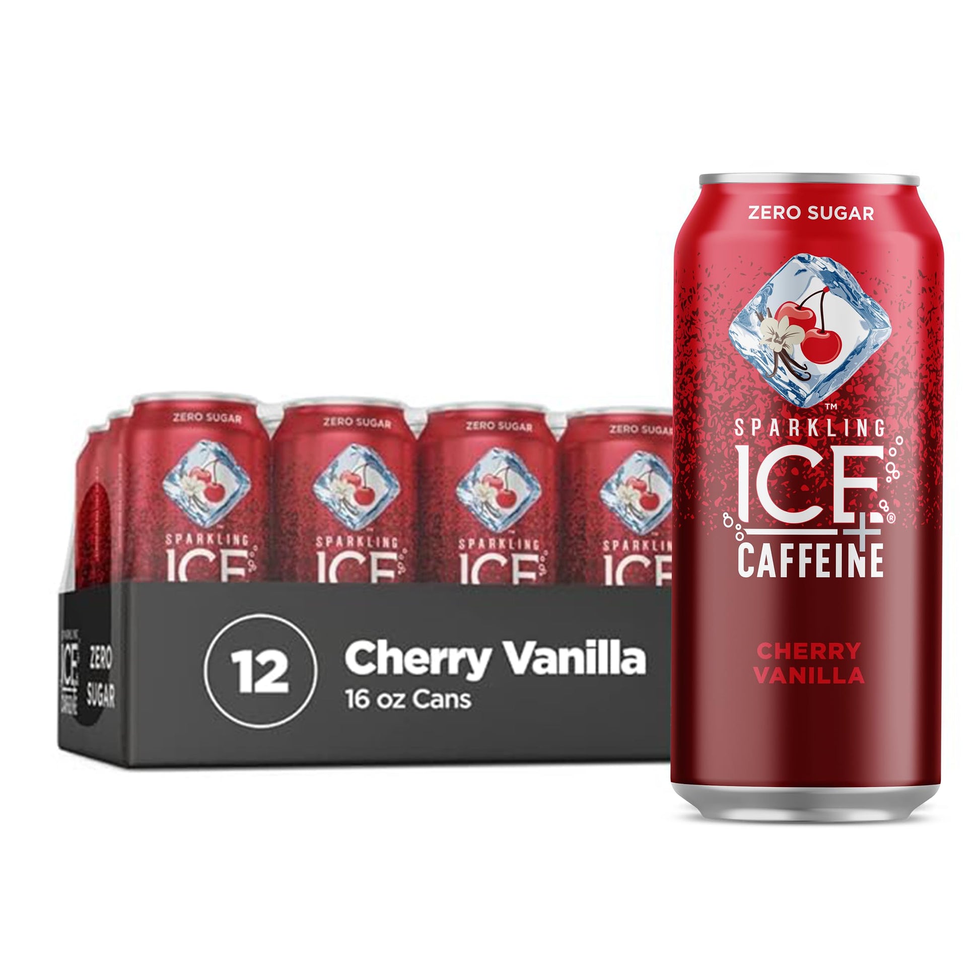 Sparkling Ice +Caffeine Cherry Vanilla Sparkling Water with Caffeine, Zero Sugar, with Antioxidants and Vitamins,16 fl oz Cans (Pack Of 12)-UPStoxs