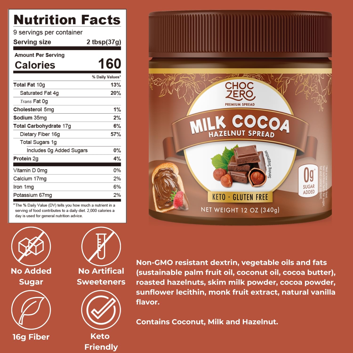 ChocZero Milk Chocolate Hazelnut Spread - Keto Friendly, No Sugar Added, Best Low Carb Dessert, Perfect Topping for Almond Flour Pancakes, Naturally Sweetened with Monk Fruit (1 jar, 12 oz)-UPStoxs