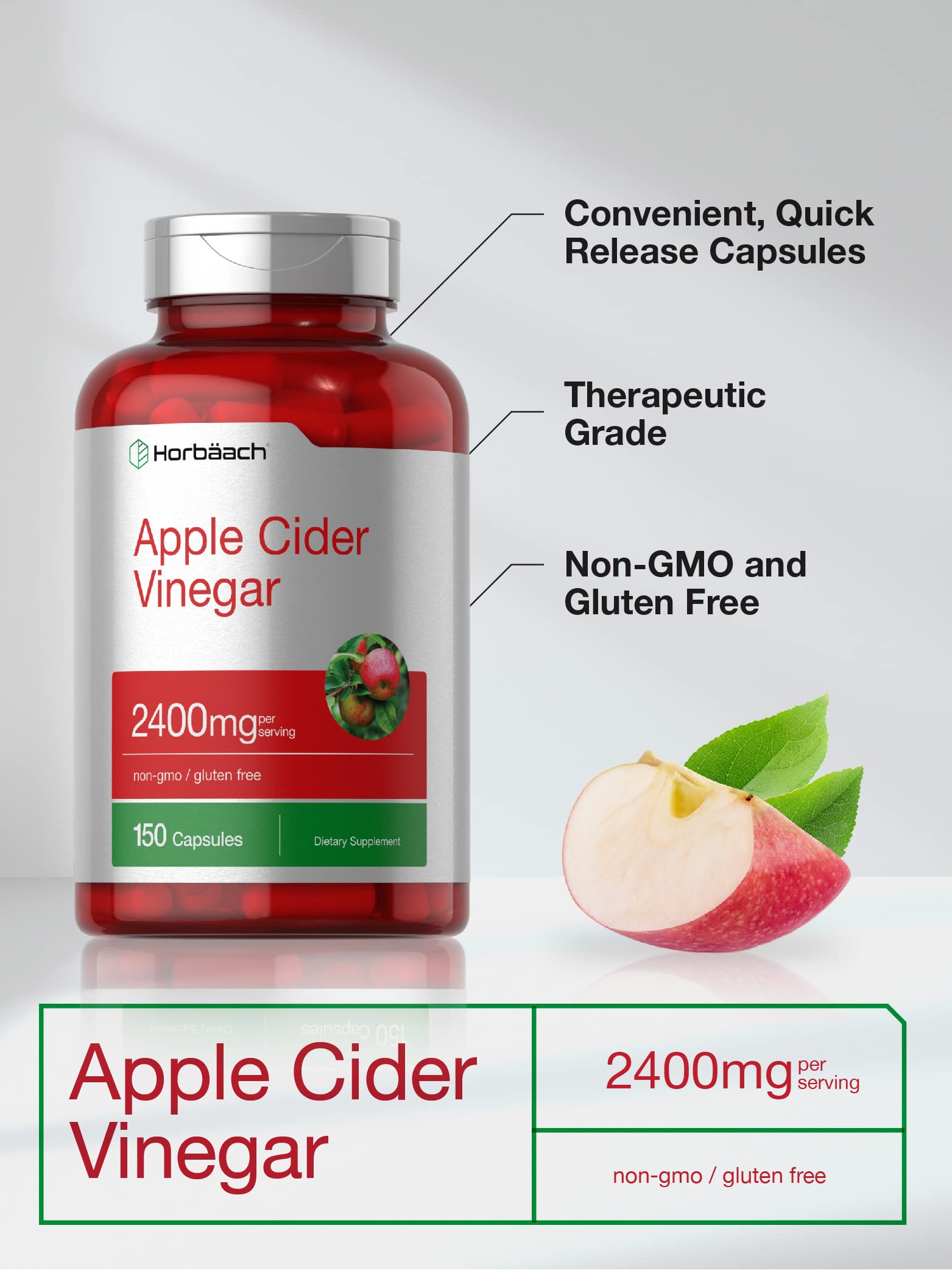 Horbäach Apple Cider Vinegar Capsules | 2400mg | 150 Count | Non-GMO, Gluten Free Supplement-UPStoxs