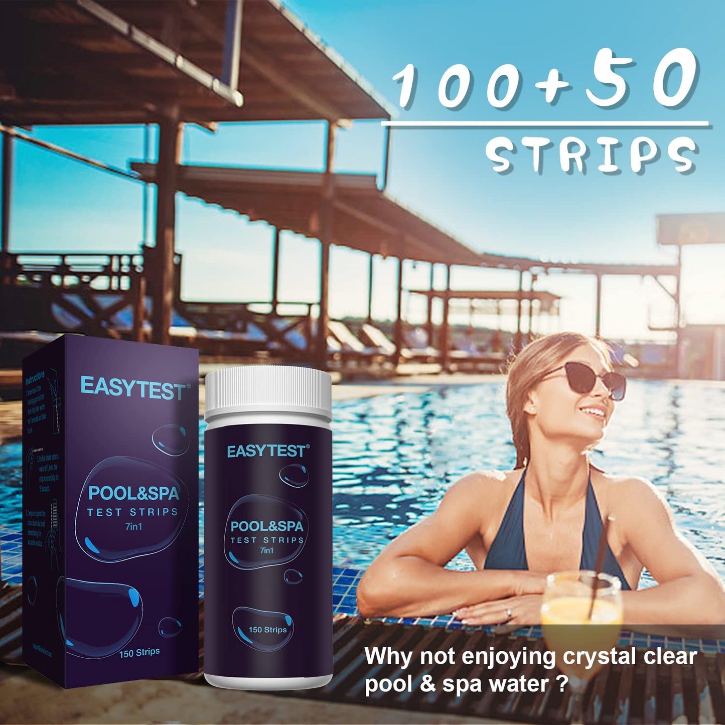 EASYTEST 7-Way Pool Test Strips, 150 Strips Water Chemical Testing for Hot tub and Spa, Accurate Test Bromine, Total Alkalinity, pH, Free Chlorine, Total Hardness, Cyanuric Acid, and Total Chlorine-UPStoxs