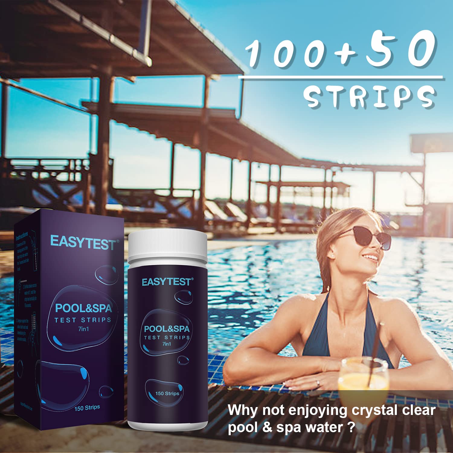 EASYTEST 7-Way Pool Test Strips, 150 Strips Water Chemical Testing for Hot tub and Spa, Accurate Test Bromine, Total Alkalinity, pH, Free Chlorine, Total Hardness, Cyanuric Acid, and Total Chlorine-UPStoxs
