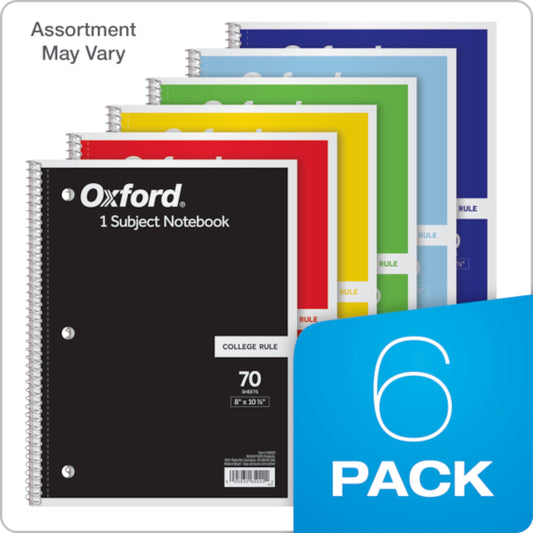 Oxford Spiral Notebook 6 Pack, 1 Subject, College Ruled Paper, 8 x 10-1/2 Inch, Color Assortment Design May Vary (65007)-UPStoxs