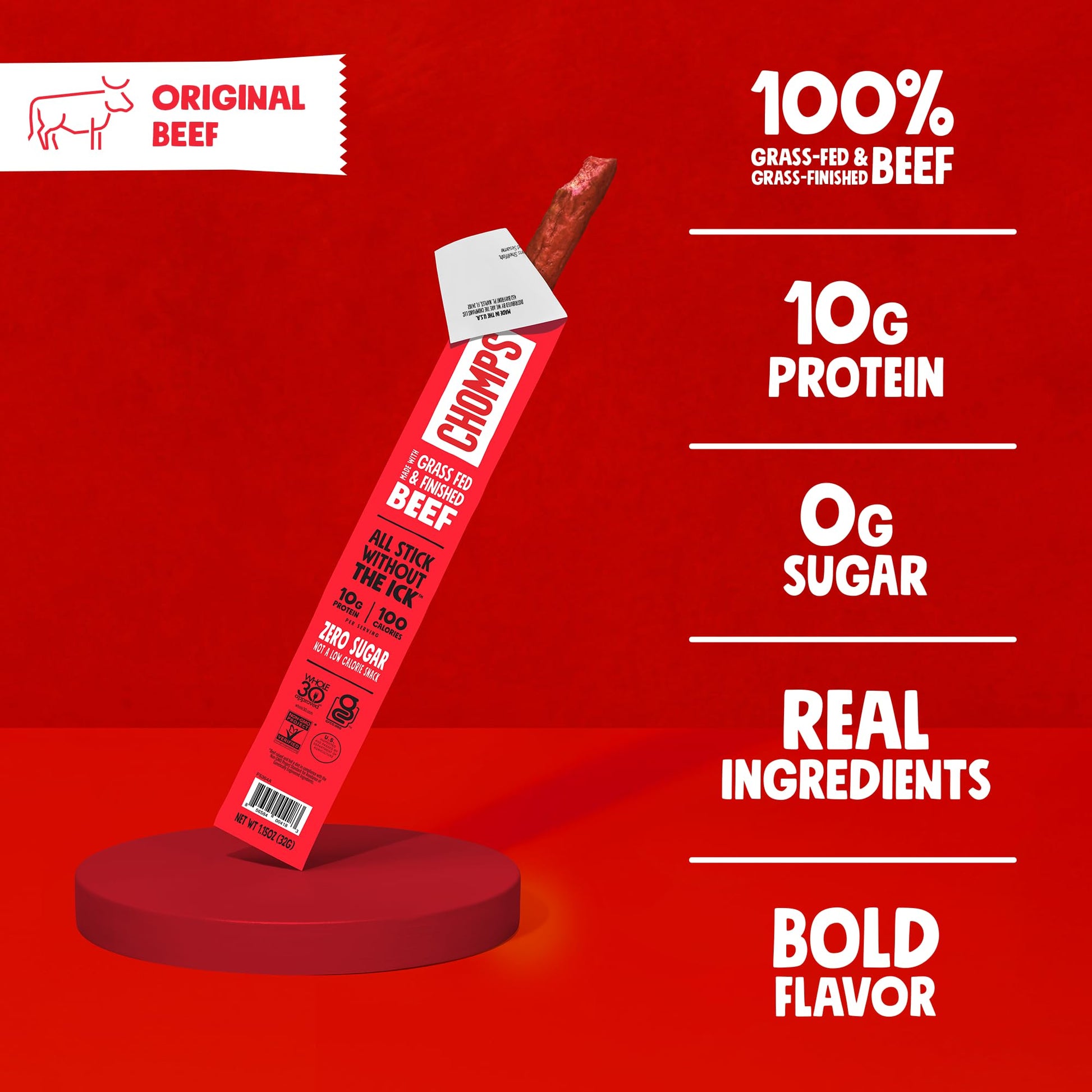 Chomps Grass-Fed and Finished Original Beef Jerky Snack Sticks 10-Pack - Keto, Paleo, Whole30, 10g Lean Meat Protein, Gluten-Free, Zero Sugar Food, Non-GMO-UPStoxs