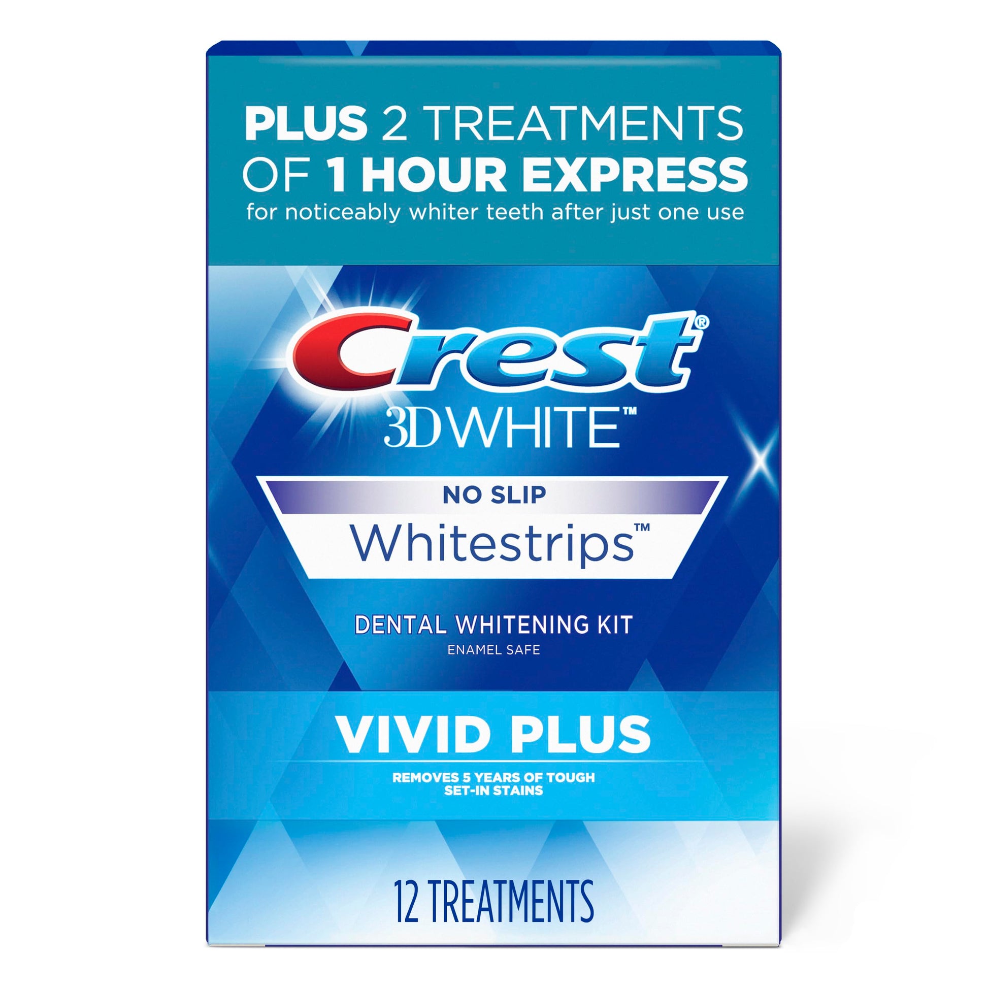 Crest 3DWhitestrips Vivid Plus 10 Treatments + 1 Hour Express 2 Treatments Teeth Whitening Kit, 8 Levels Whiter-UPStoxs