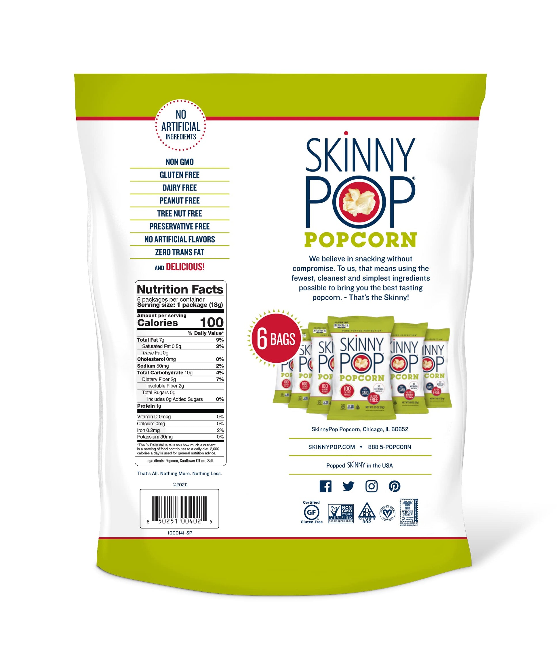 SkinnyPop Popcorn, Gluten Free, Dairy Free, Non-GMO, Healthy Snacks, Skinny Pop Original Popcorn Snack Packs, 0.65oz Individual Size Snack Bags (6 Count) (Packaging May Vary)-UPStoxs