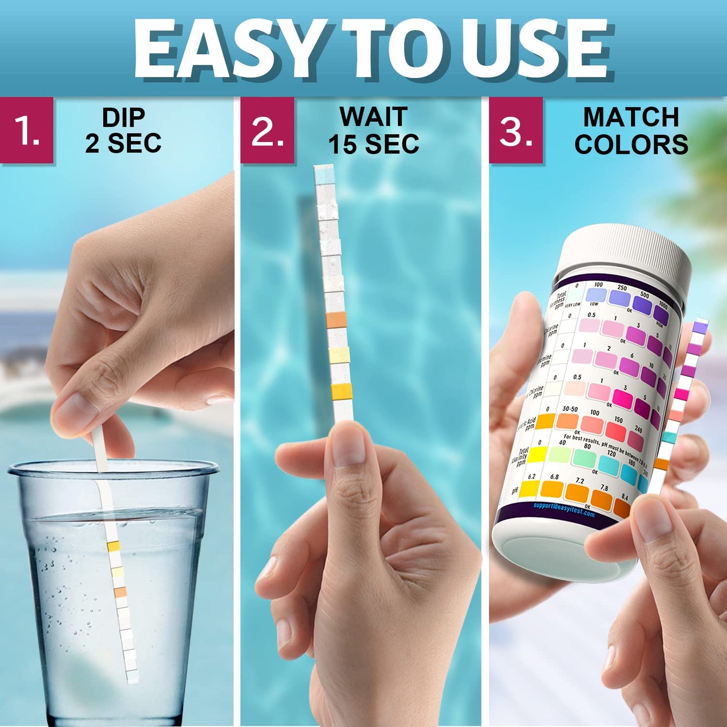 EASYTEST 7-Way Pool Test Strips, 150 Strips Water Chemical Testing for Hot tub and Spa, Accurate Test Bromine, Total Alkalinity, pH, Free Chlorine, Total Hardness, Cyanuric Acid, and Total Chlorine-UPStoxs
