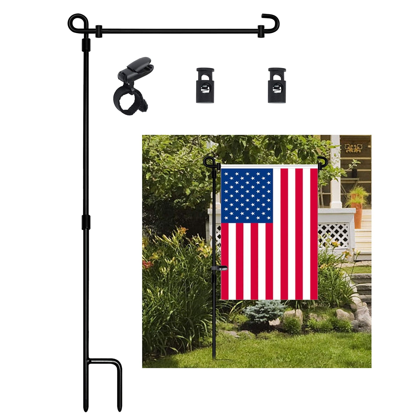 HOOSUN Garden Flag Stand, Premium Garden Flag Pole Holder Metal Powder-Coated Weather-Proof Paint with one Tiger Clip and two Spring Stoppers without flag-UPStoxs