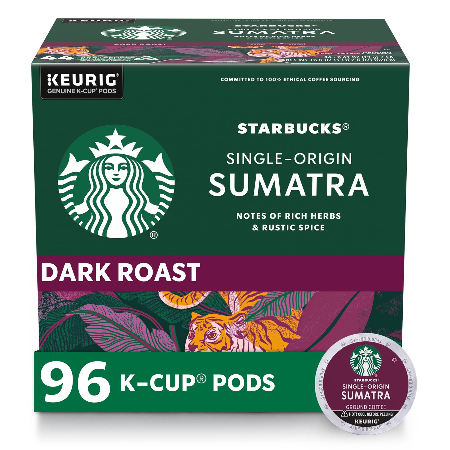 Starbucks K-Cup Coffee Pods, Dark Roast Coffee, Sumatra for Keurig Brewers, 100% Arabica, 4 boxes (96 pods total)-UPStoxs