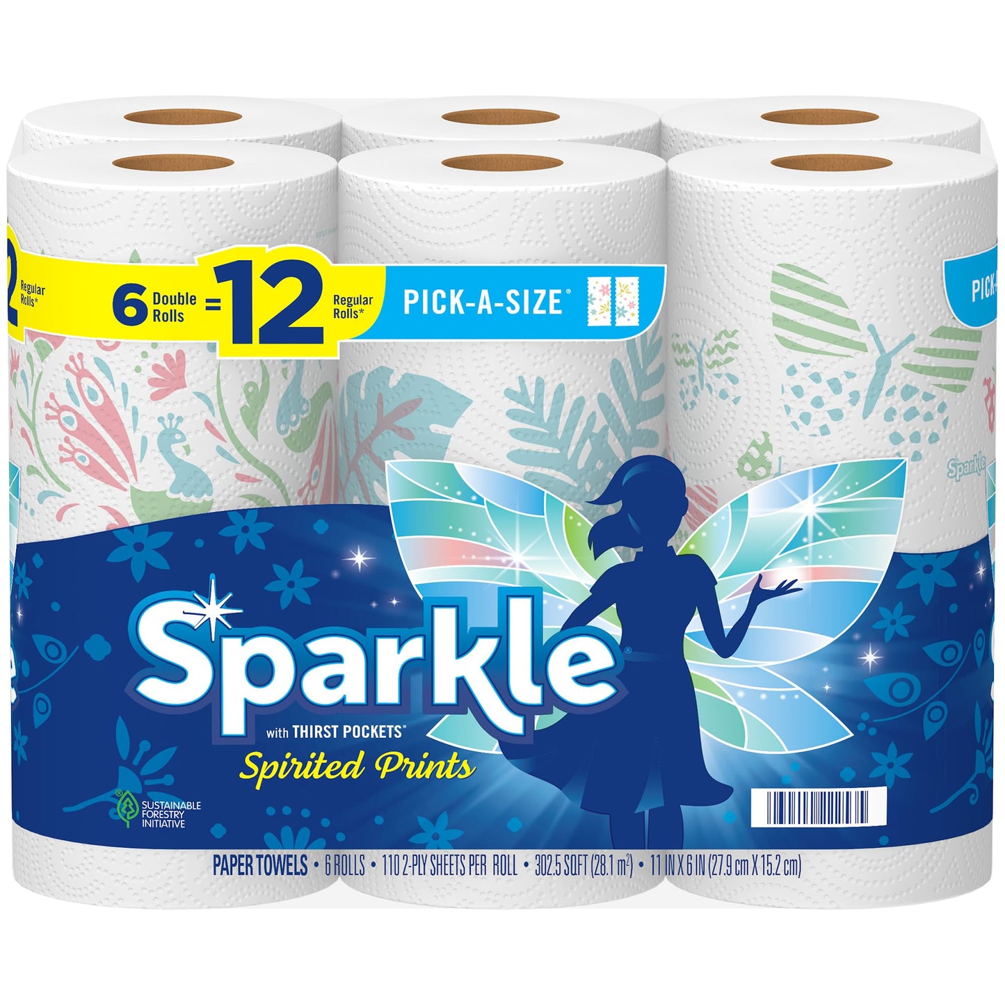 Sparkle Pick-A-Size Paper Towels, Spirited Prints, 6 Double Rolls = 12 Regular Rolls, Everyday Value Paper Towel With Full And Half Sheets-UPStoxs