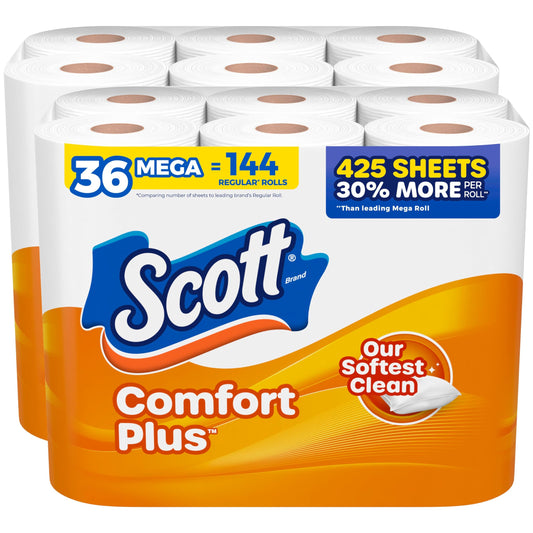 Scott ComfortPlus Toilet Paper, 36 Mega Rolls (2 Packs of 18), 425 Sheets per Roll, Septic-Safe, 1-Ply Toilet Tissue-UPStoxs