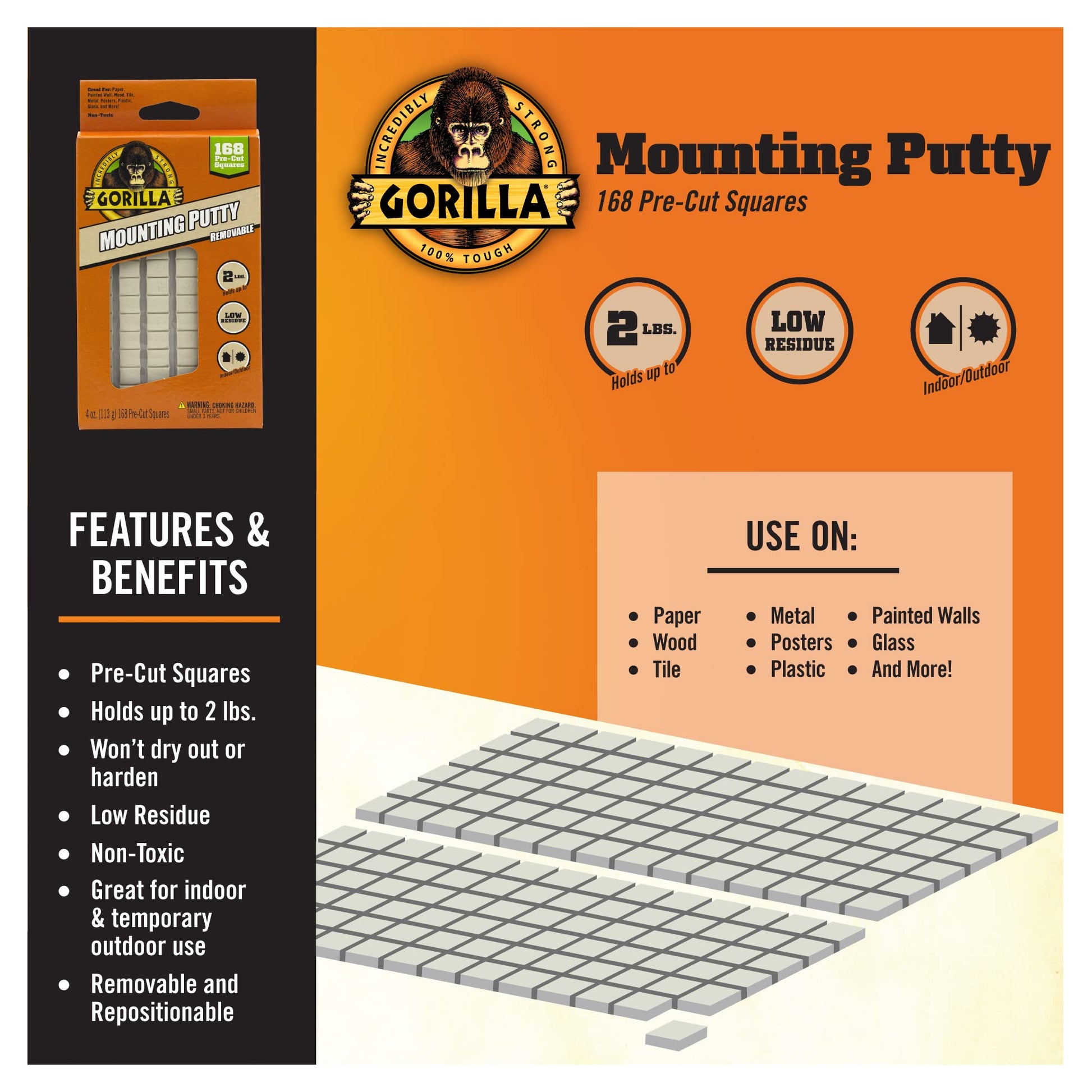 Gorilla Mounting Putty, Non-Toxic Hanging Adhesive, Removeable & Repositionable, 168 Pre-Cut Squares, 4oz/113g, Natural Tan Color, (Pack of 1)-UPStoxs