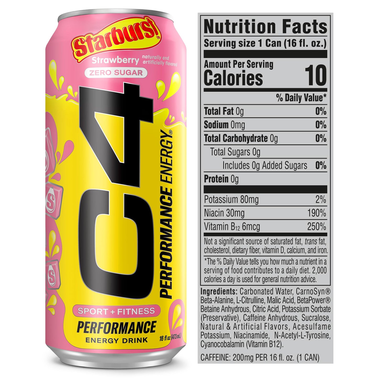 C4 Performance Energy Drink | STARBUST™ Strawberry | Zero Sugar Carbonated Preworkout Energy | 200mg Caffeine with Beta Alanine | 16 Fl Oz (12 Pack)-UPStoxs