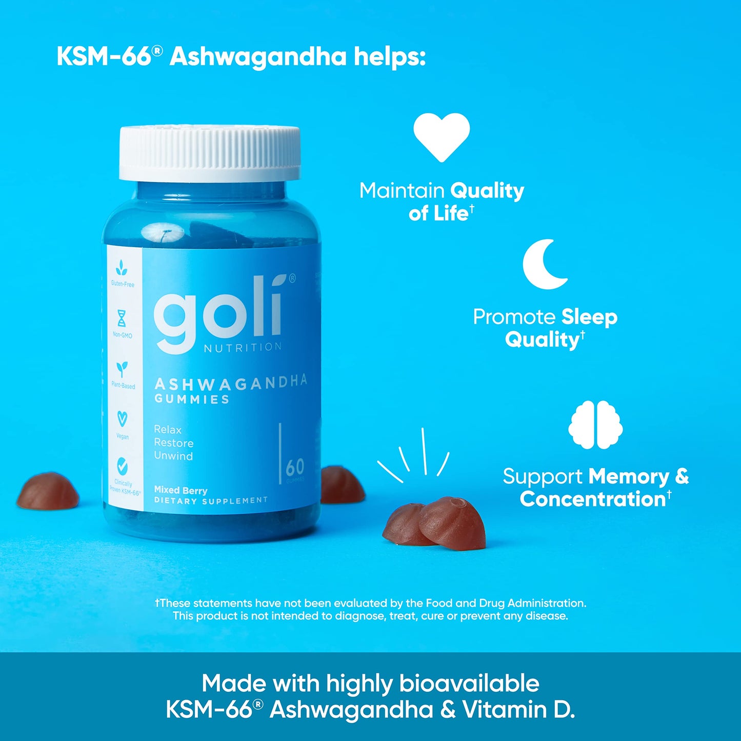 Goli Ashwagandha & Vitamin D Gummy - 60 Count - Mixed Berry, KSM-66, Vegan, Plant Based, Non-GMO, Gluten-Free & Gelatin Free Relax. Restore. Unwind, Pack of 1-UPStoxs