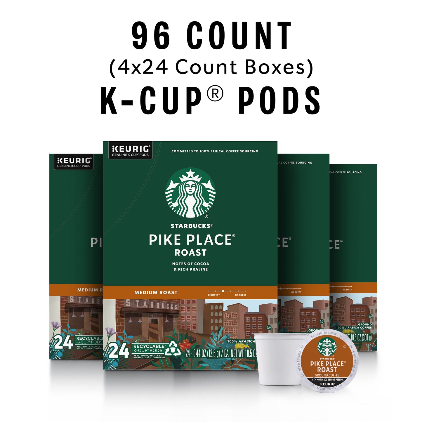 Starbucks K-Cup Coffee Pods, Medium Roast Coffee, Pike Place Roast for Keurig Brewers, 100% Arabica, 4 boxes (96 pods total)-UPStoxs