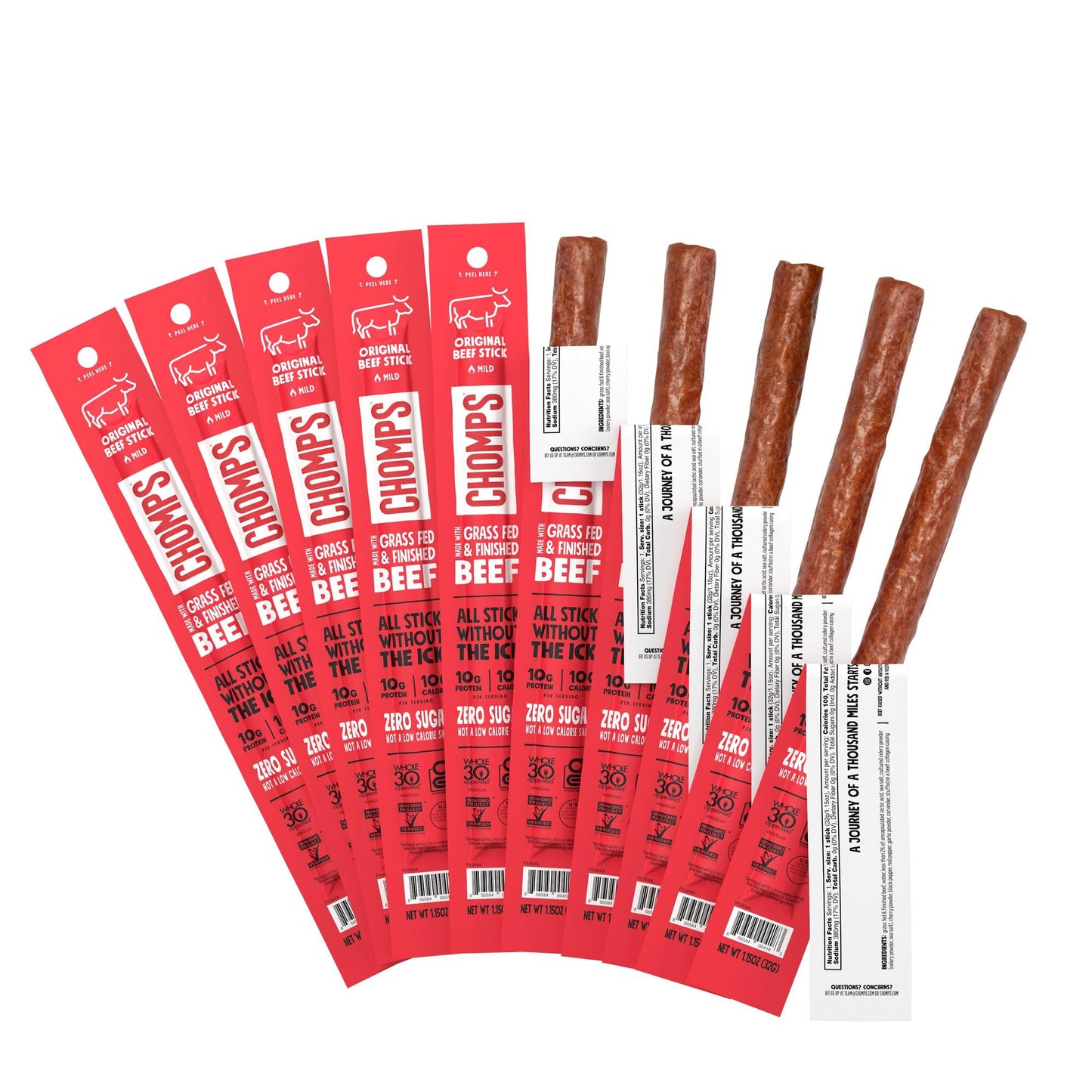 Chomps Grass-Fed and Finished Original Beef Jerky Snack Sticks 10-Pack - Keto, Paleo, Whole30, 10g Lean Meat Protein, Gluten-Free, Zero Sugar Food, Non-GMO-UPStoxs